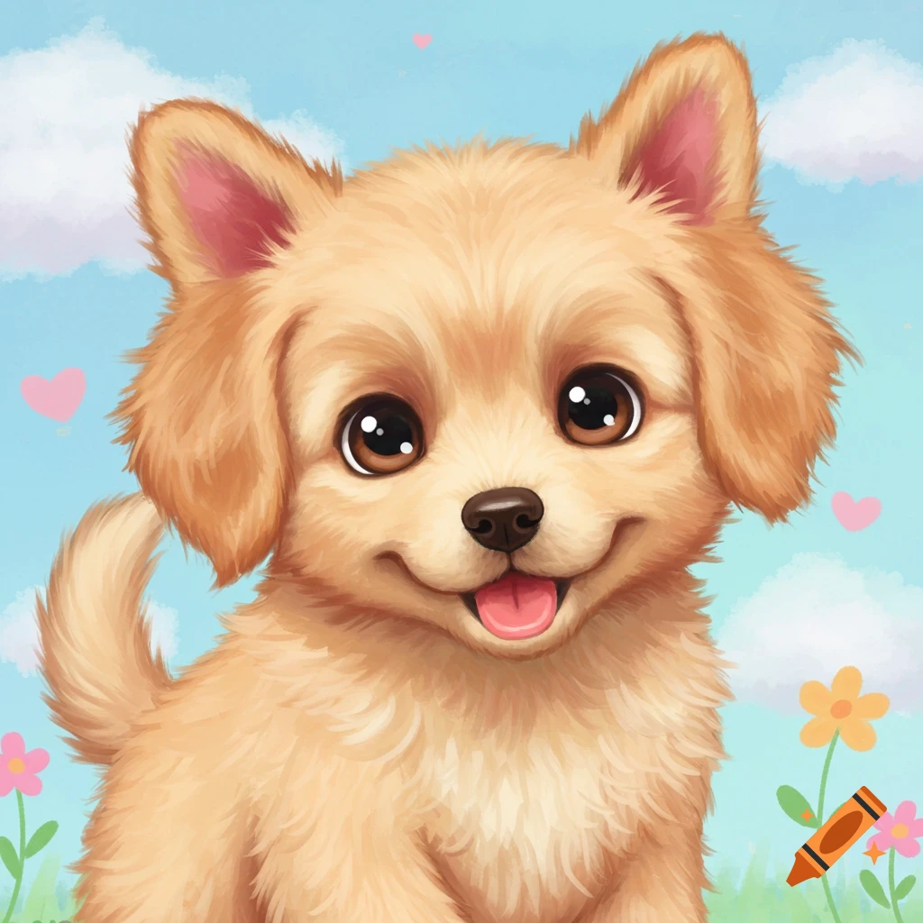 A cute watercolor illustration of a fluffy golden puppy outdoors with flowers and hearts.