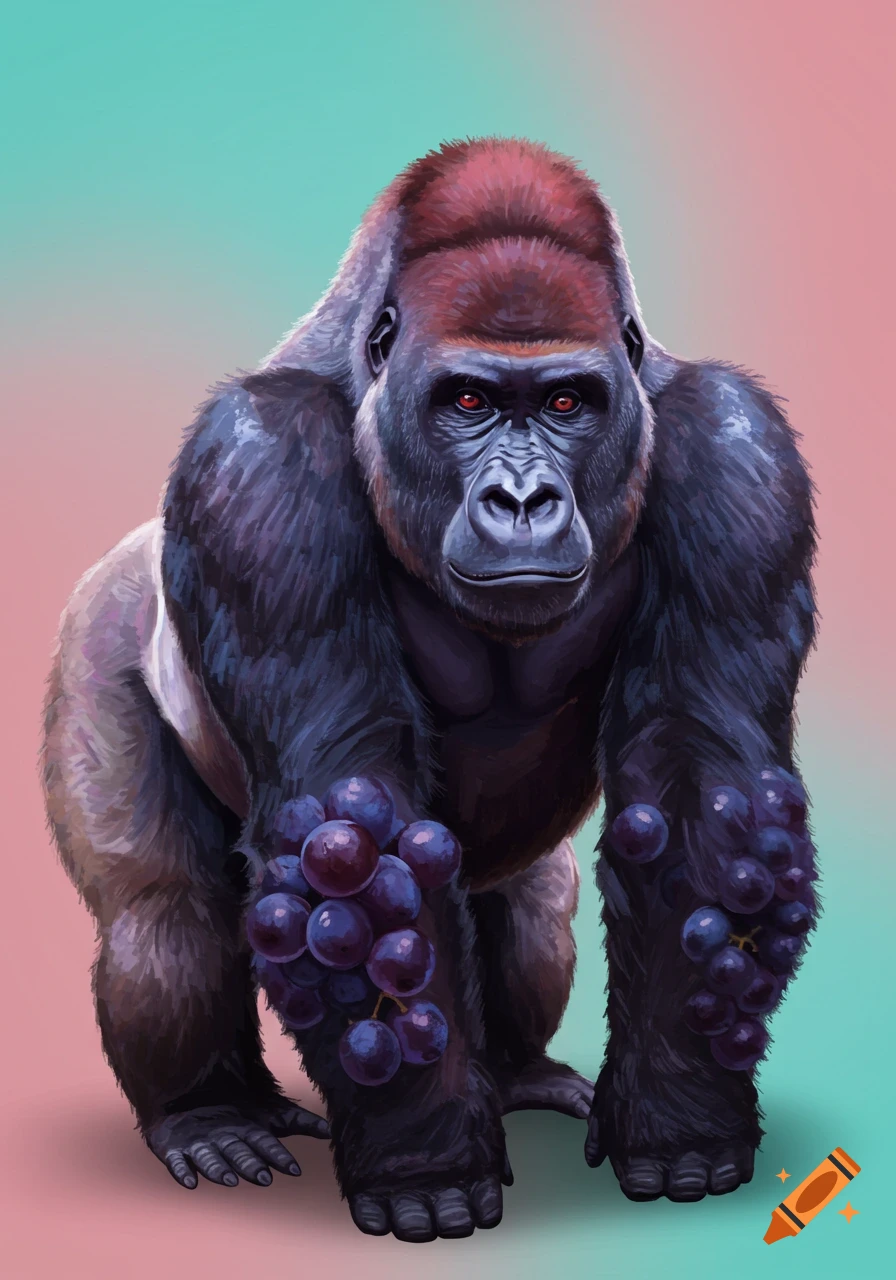 Illustration of a gorilla with bunches of purple grapes attached to its arms.