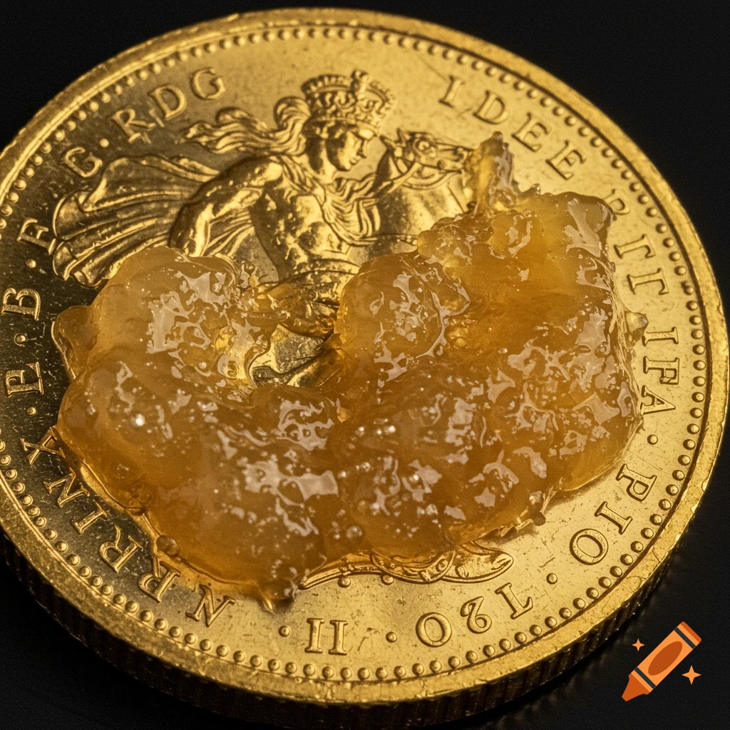 Close-up of a gold coin with lard on its surface.