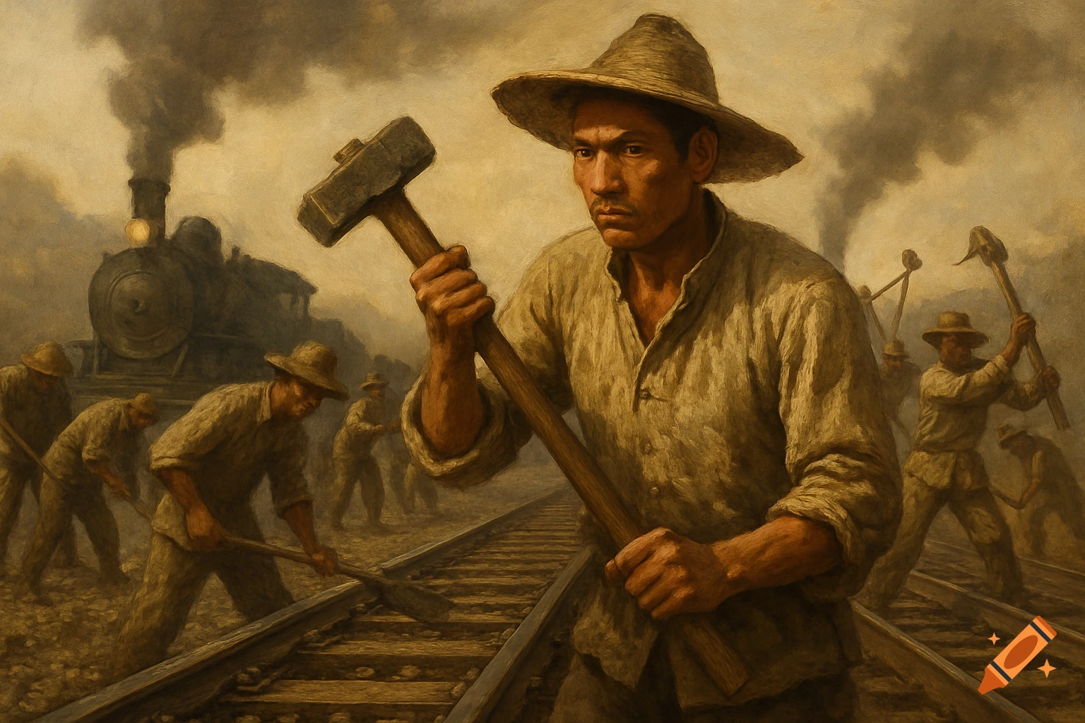 Painting of laborers building a railroad, with a man holding a hammer in the foreground and a train in the background.
