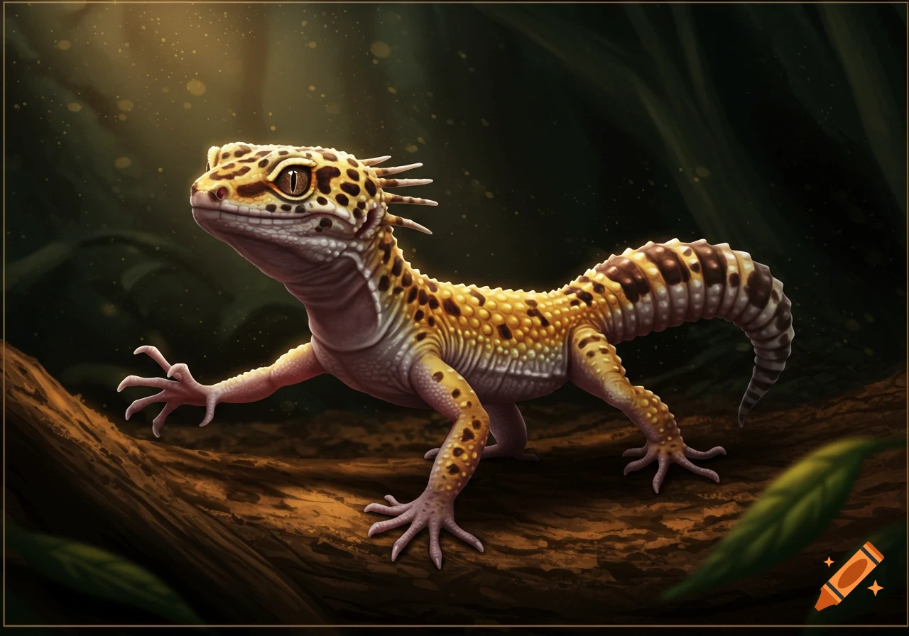 A realistic leopard gecko stands on a log in a forest setting.