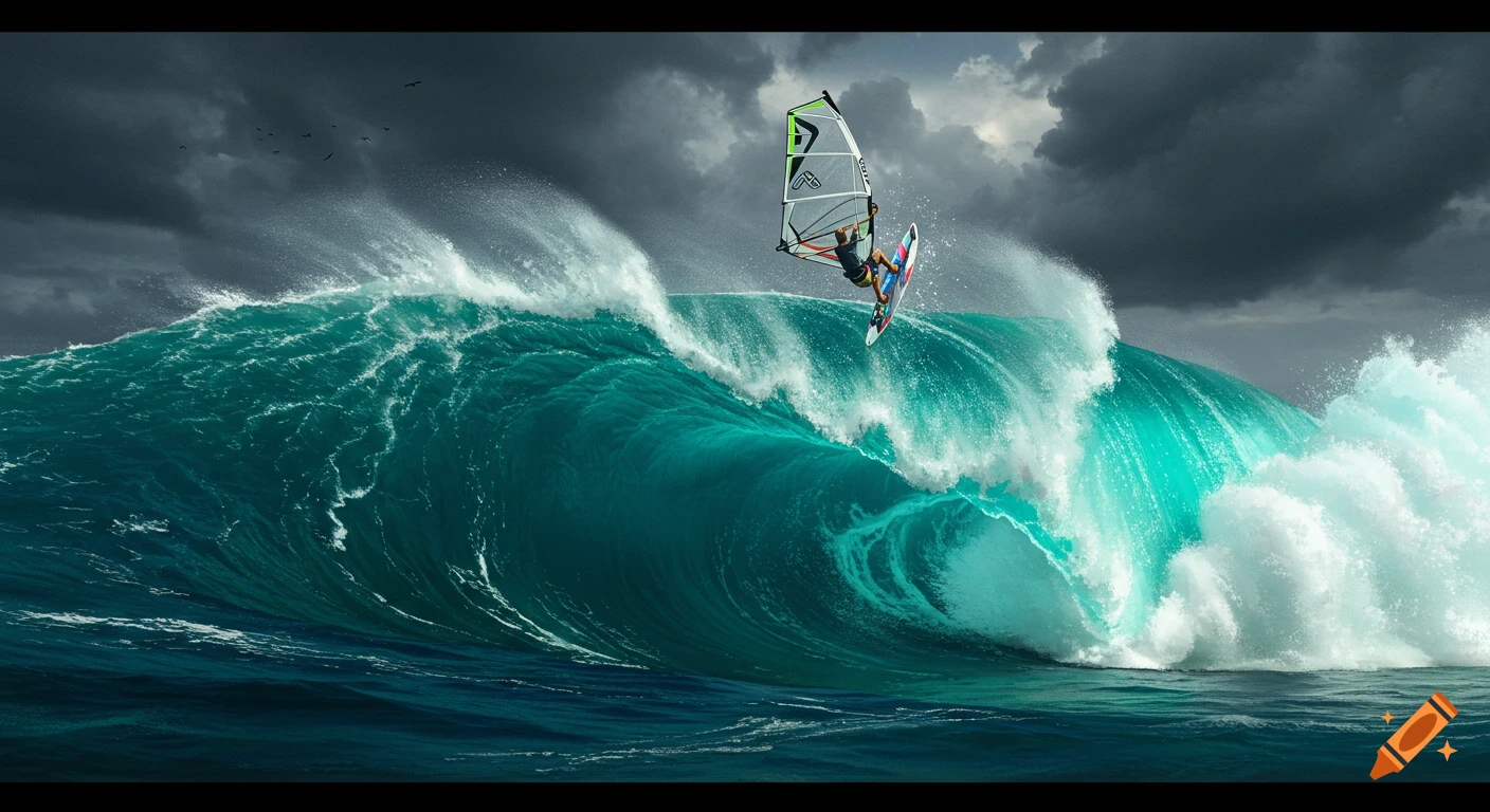 A windsurfer jumps over a massive turquoise wave under a stormy sky.