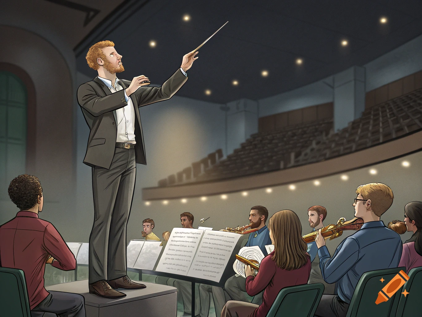 An illustration of a conductor leading a wind ensemble in a concert hall.