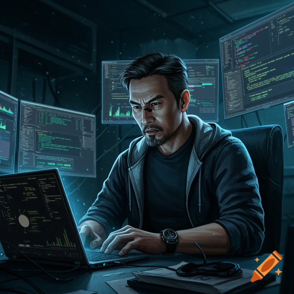 An illustration of a man working on a laptop surrounded by monitors displaying code in a dark room.
