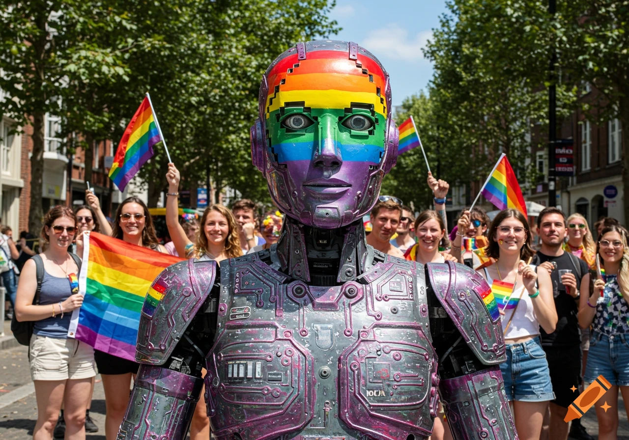 A robot with rainbow markings on its head and chest stands among people holding rainbow flags at a parade.