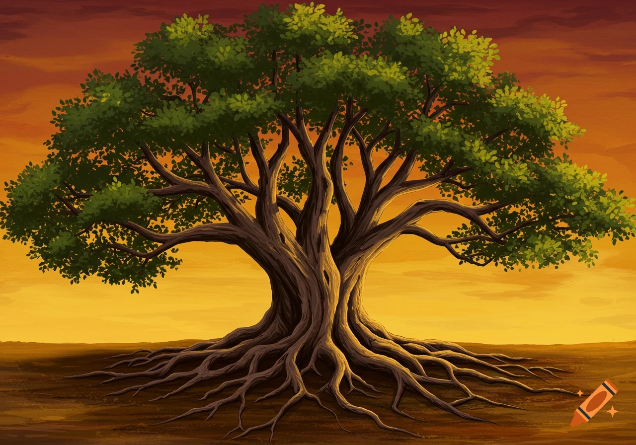 A large old tree with exposed roots stands against a vibrant orange and yellow sky.