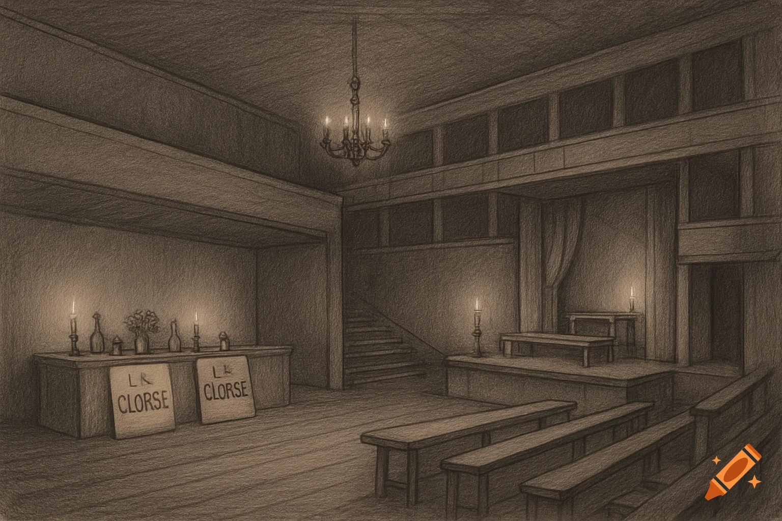 Pencil sketch of an empty theatre hall with benches, stage, chandeliers, and candles.