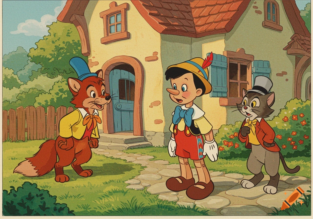 Cartoon illustration of Pinocchio talking with Honest John and Gideon in front of a house.
