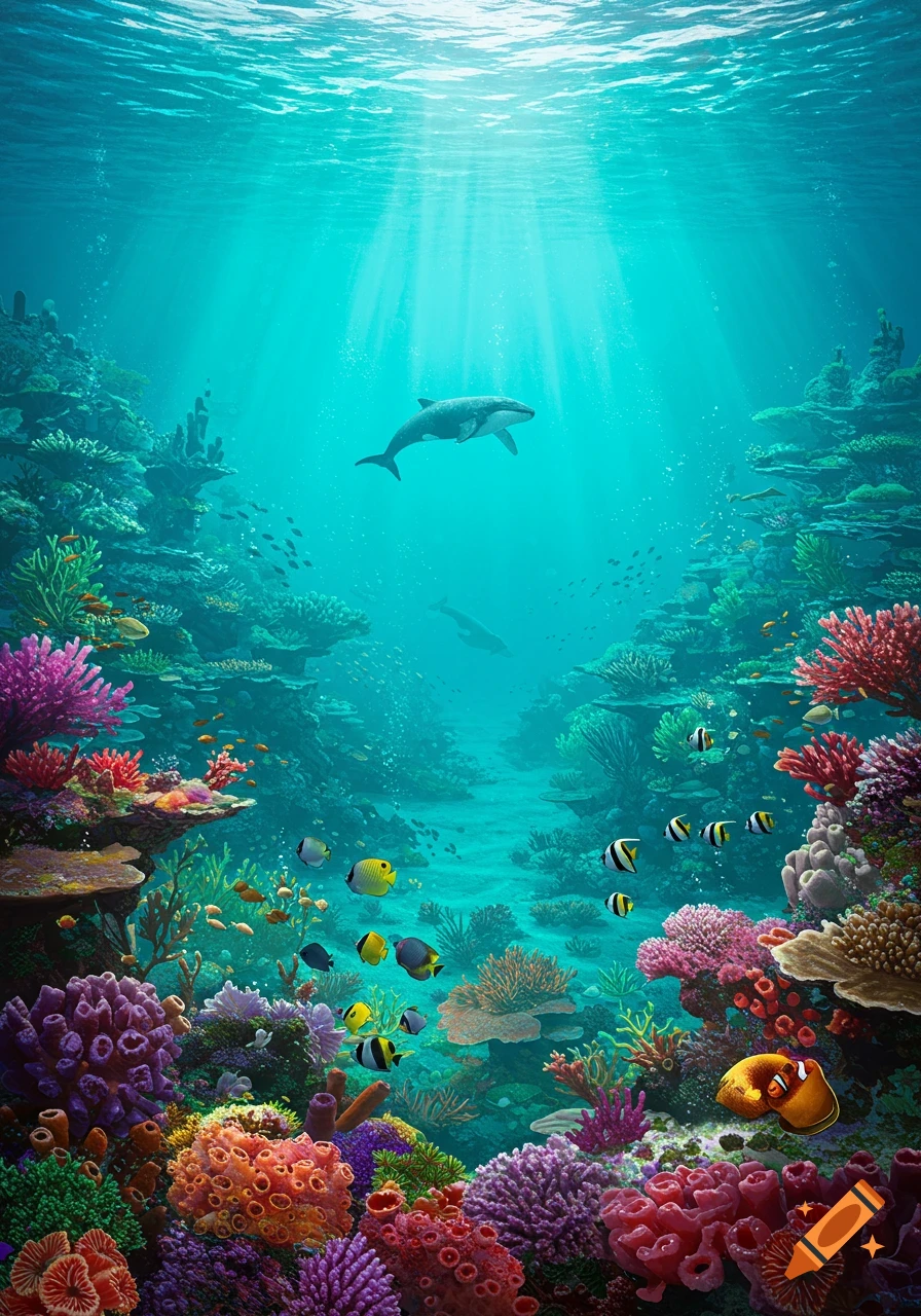 A vibrant underwater scene featuring a colorful coral reef teeming with various fish, with whales swimming above in sunlit waters.