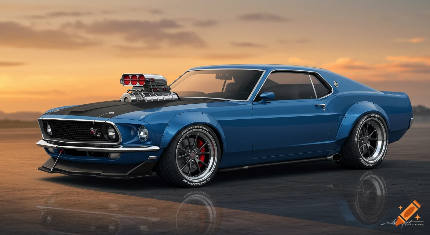 A blue classic Ford Mustang restomod with widebody kit, supercharger, and custom wheels, parked at sunset.
