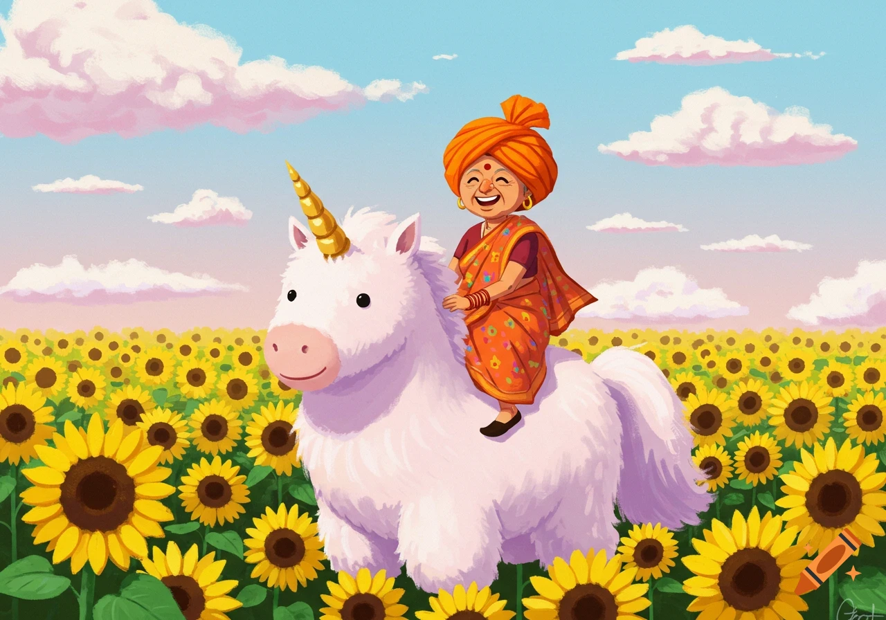 An elderly woman in a sari rides a unicorn through a field of sunflowers. Illustration.
