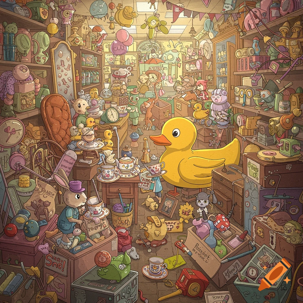 Whimsical illustration of a crowded, cluttered toy store filled with toys, stuffed animals, tea sets, and a giant rubber duck.