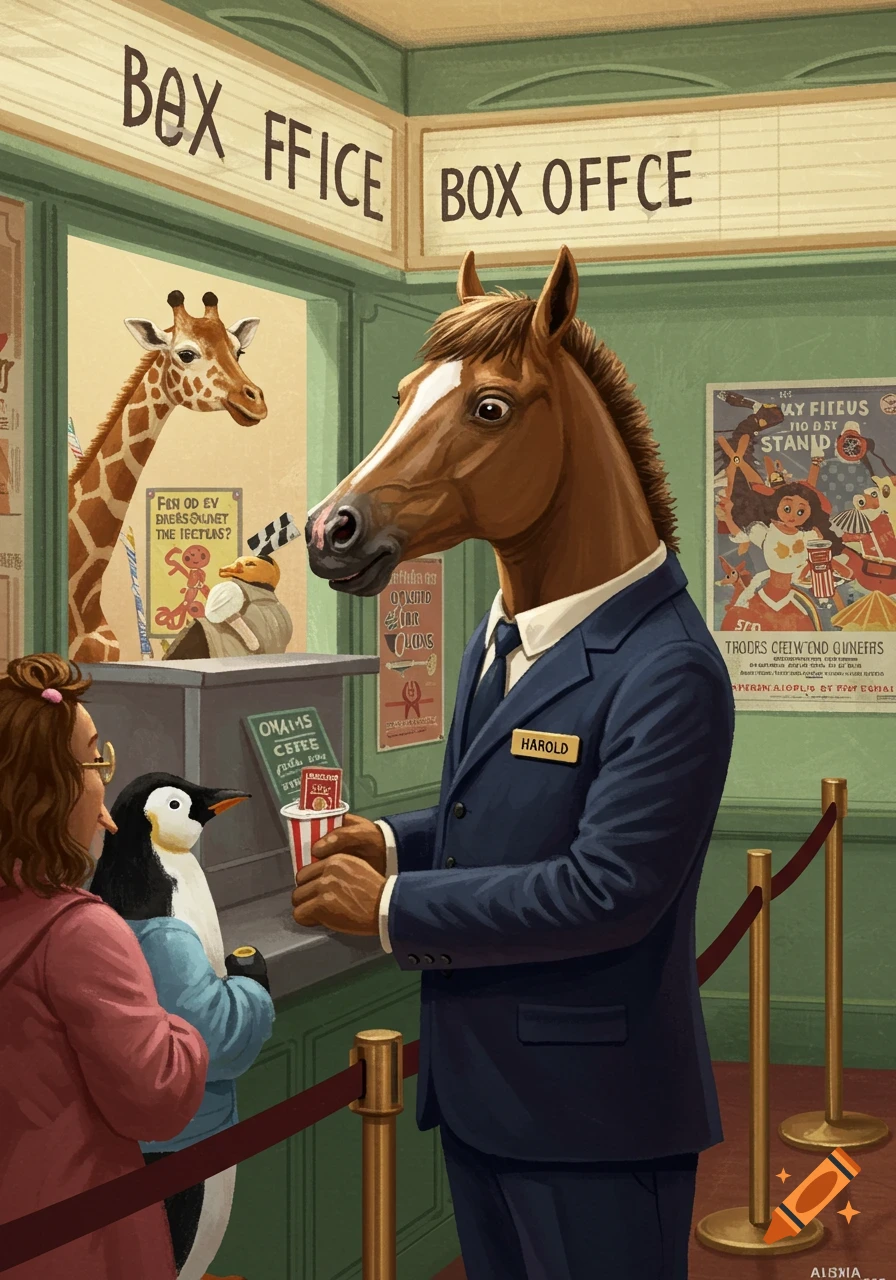 Illustrated scene of an anthropomorphic horse working at a box office, serving a penguin and person as a giraffe looks from a window.