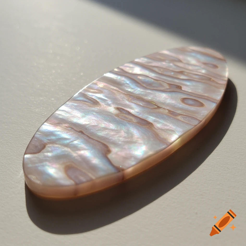 An elongated mother of pearl tile with iridescent swirls, lit by sunlight.