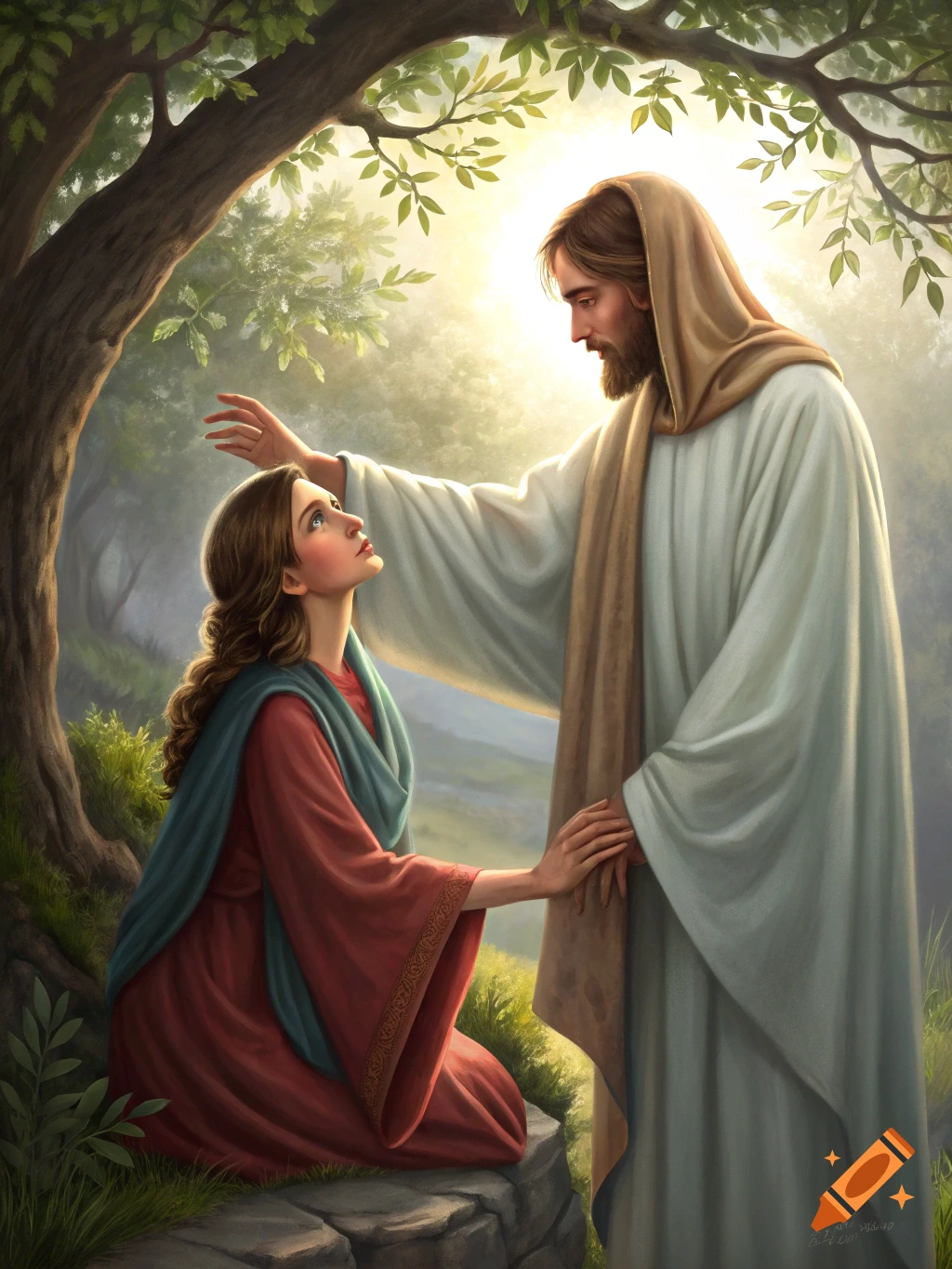 Jesus reaches out to a kneeling woman in a sunlit landscape painting.