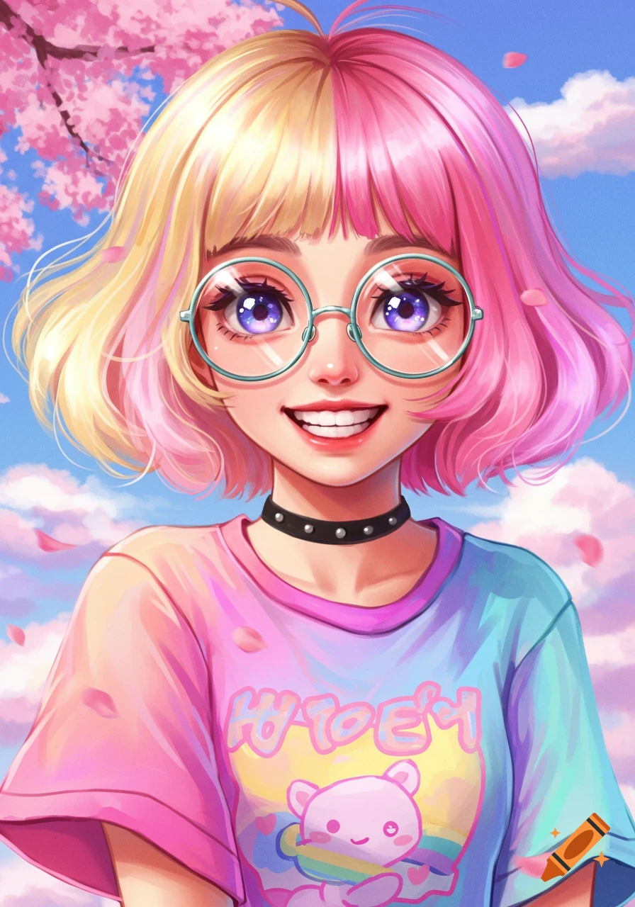 Anime illustration of person with pink and blond hair, glasses, t-shirt, under cherry blossoms.