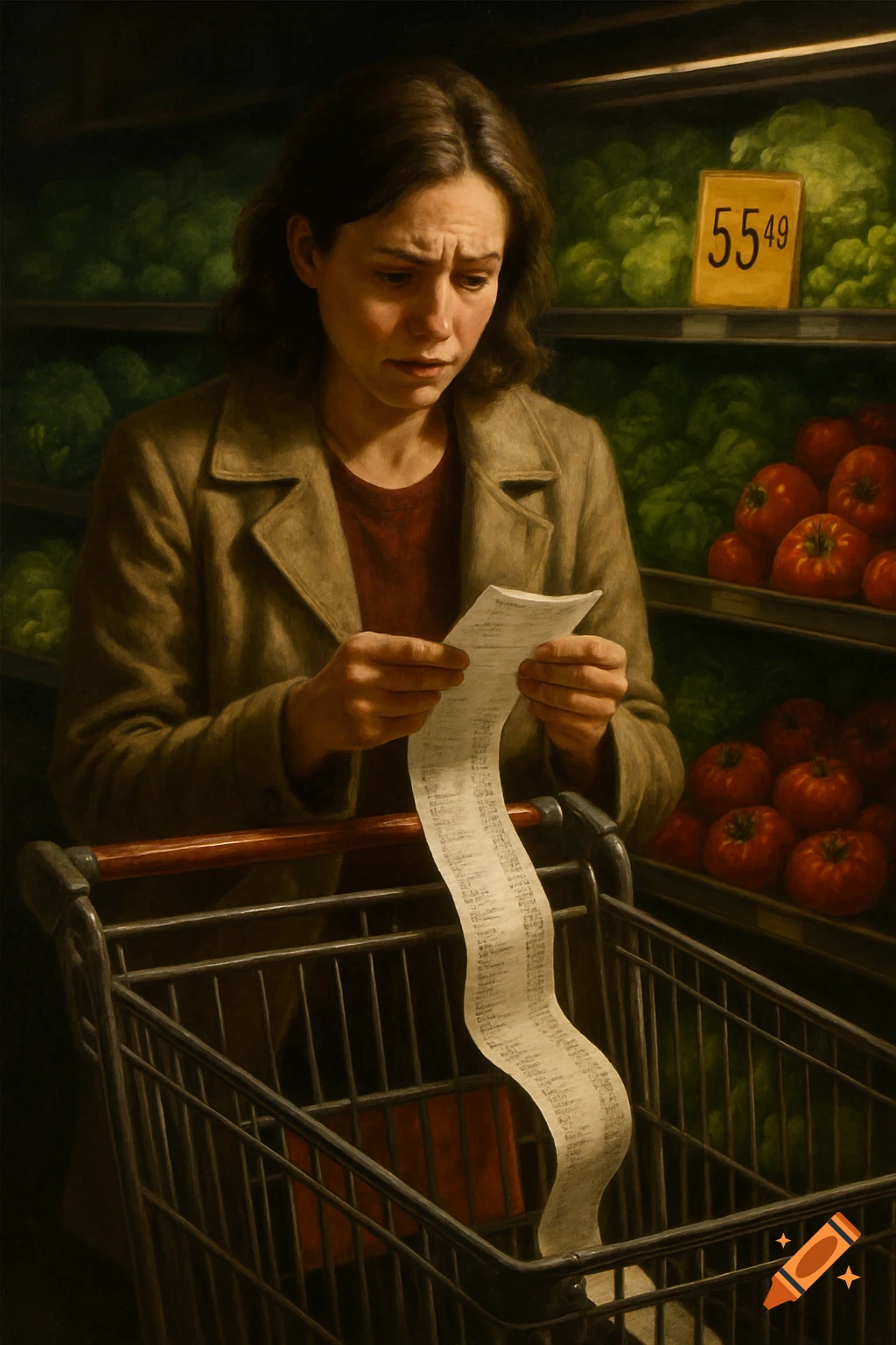 A woman looks worriedly at a long grocery receipt in a supermarket produce aisle, realistic painting.