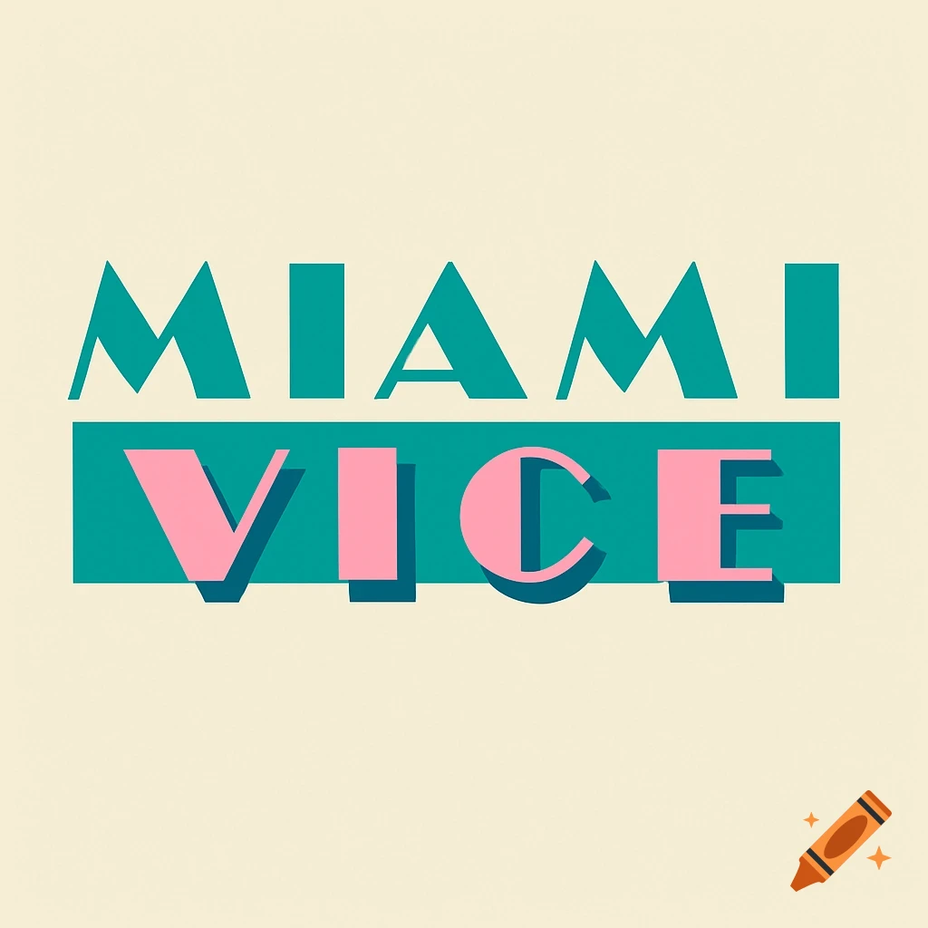 Miami Vice logo in retro 80s style with teal and pink text.