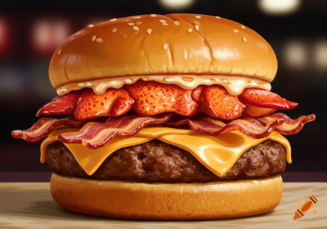 Close-up illustration of a bacon lobster cheeseburger.