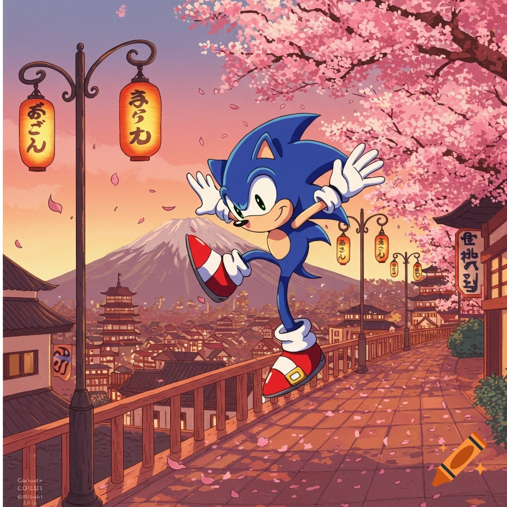 Sonic the Hedgehog runs on a path in a Japanese village under cherry blossoms with Mount Fuji in the background, vintage anime style.