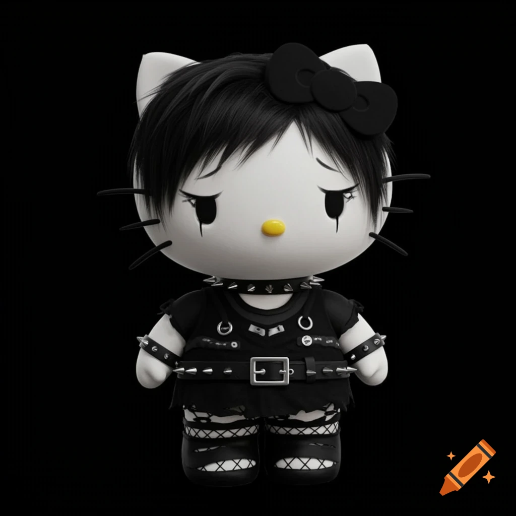A 3D rendering of Hello Kitty dressed in emo/gothic style with black hair, black bow, and dark clothing with studs.