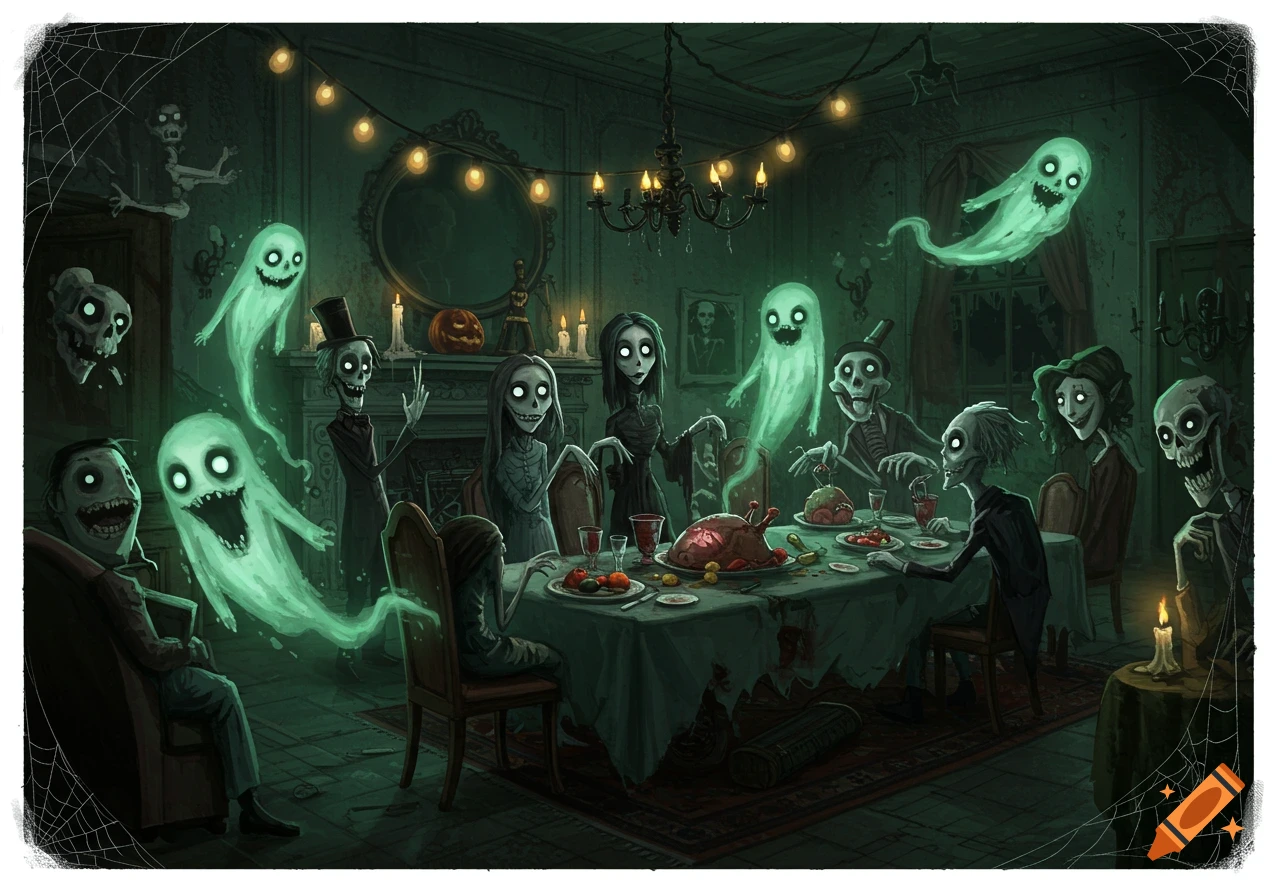 Skeletons and ghosts attend a spooky dinner party in a dark room with Halloween decorations.