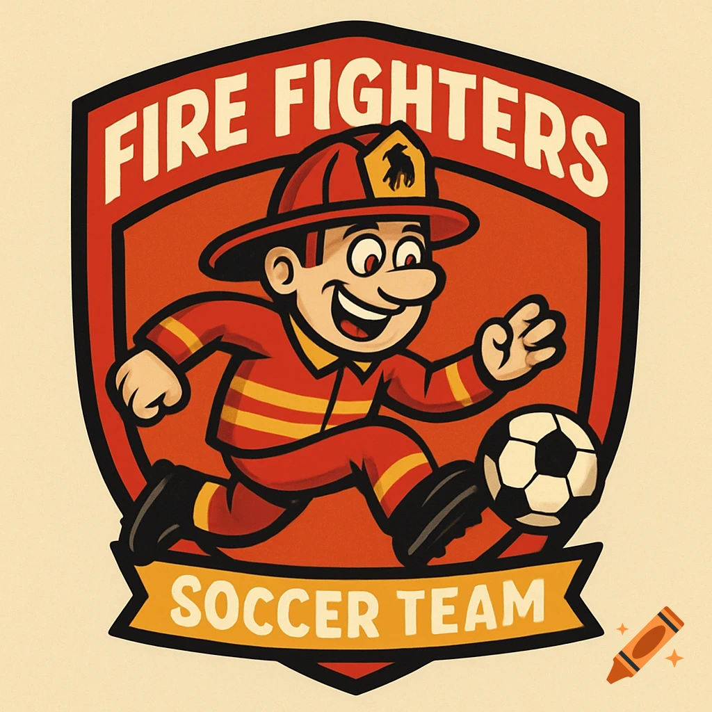 Cartoon logo shows a smiling firefighter kicking a soccer ball on a red shield with text "FIRE FIGHTERS SOCCER TEAM".