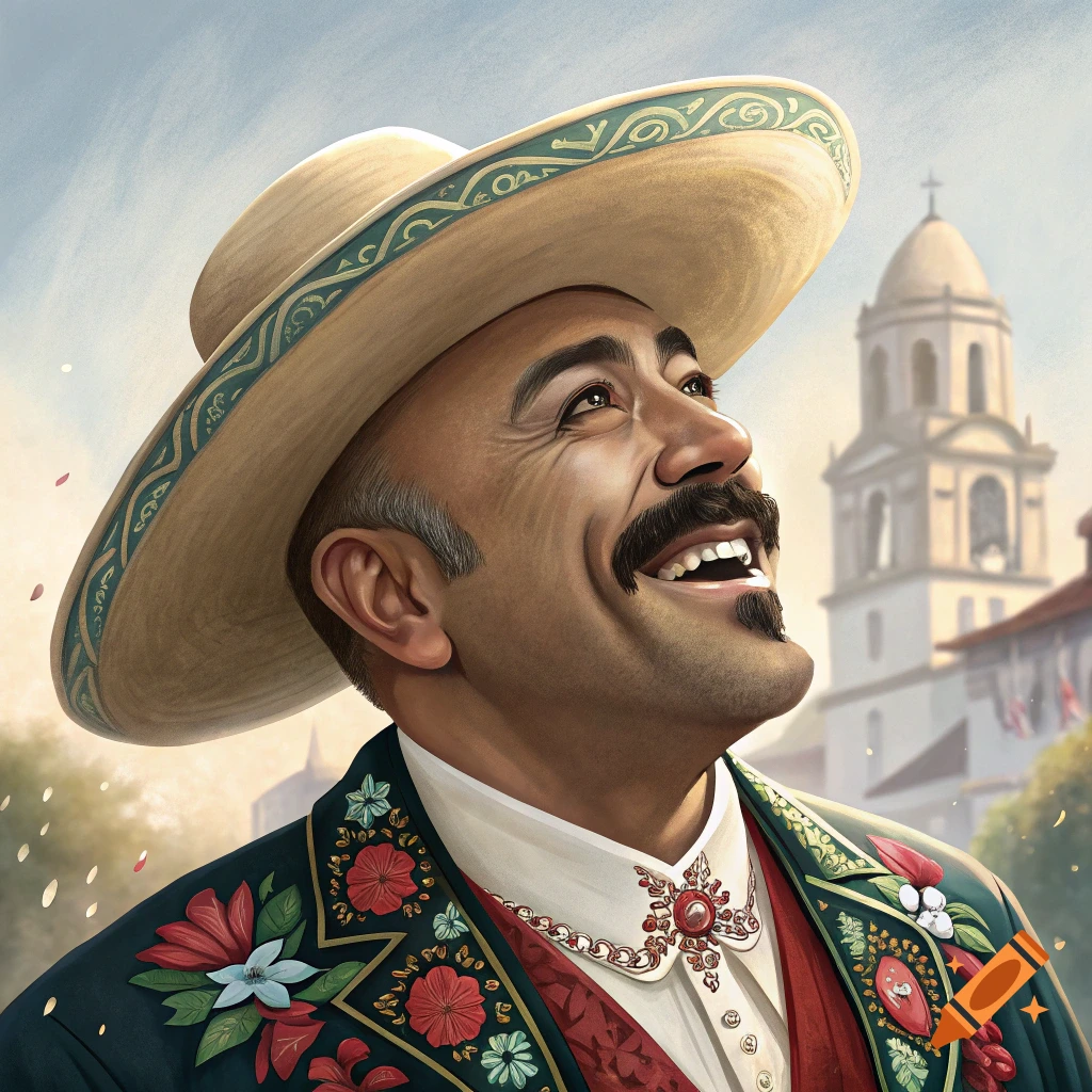 Portrait of a man in a sombrero and embroidered jacket smiling and looking up, church in background, painted style.