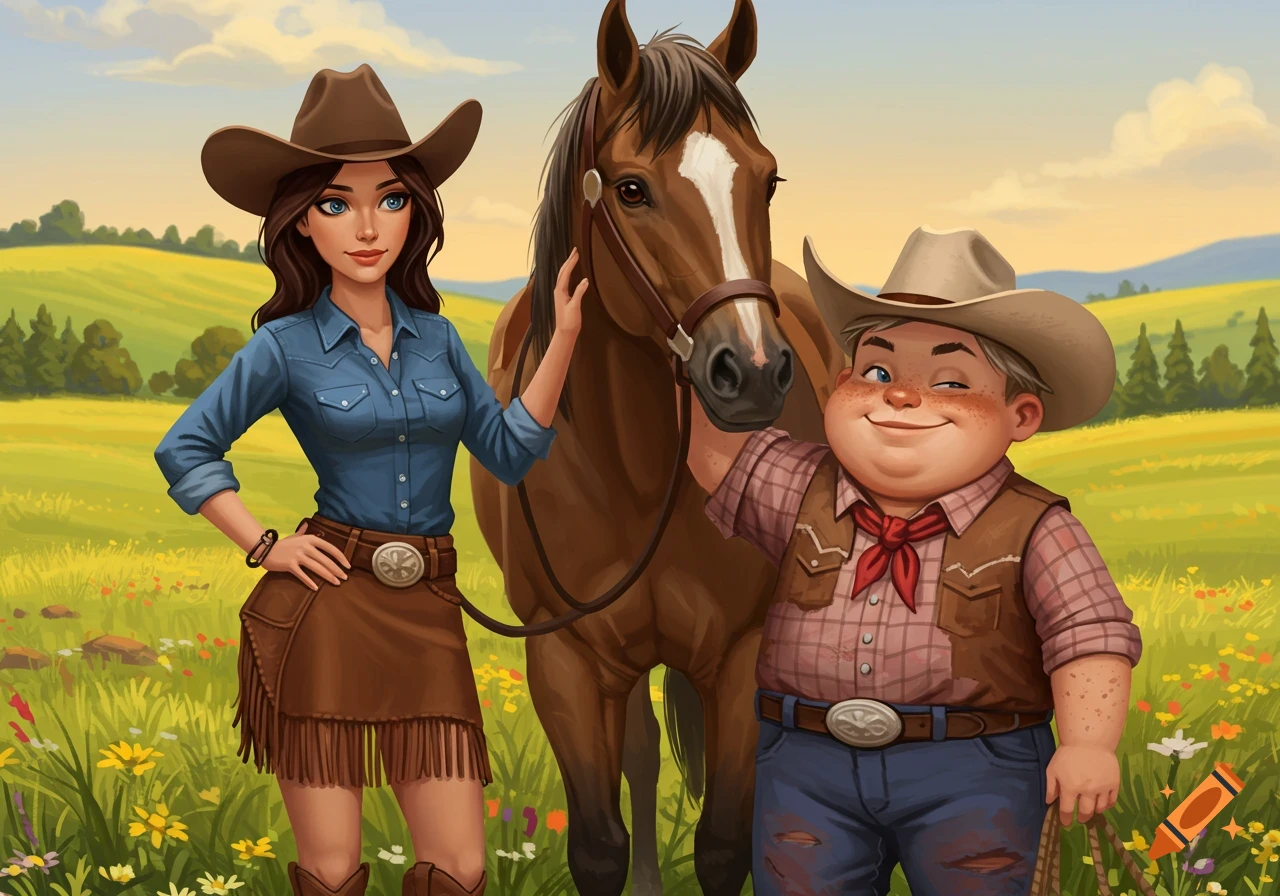Illustration of a brunette cowgirl, pudgy cowboy with freckles, and a horse in a field.
