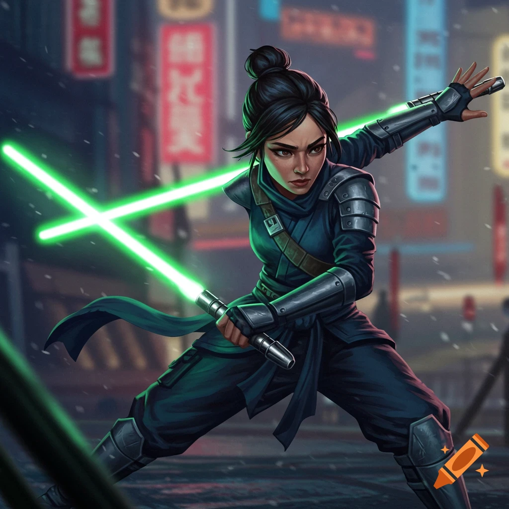 A woman in combat gear wields two green lightsabers in a snowy, neon-lit city.
