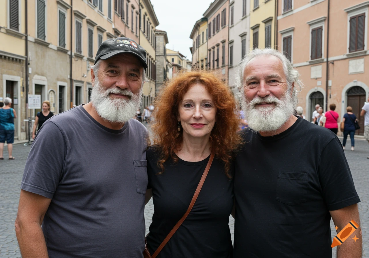 Three smiling people posing for a photo on a street with buildings in the background