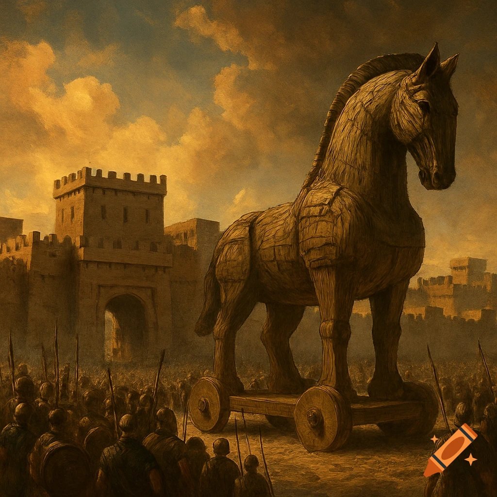 A large wooden Trojan horse stands before a walled city, with soldiers gathered in the foreground. Painted style.