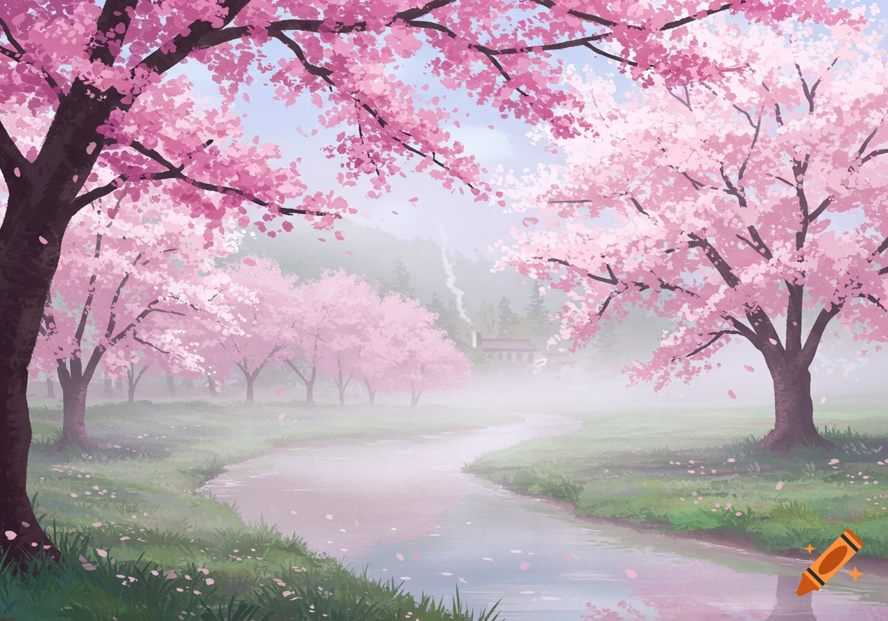 Cherry trees blooming over a misty river with a farmhouse in the distance.