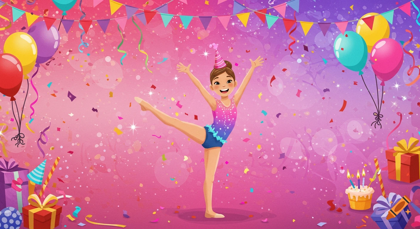 Girl doing gymnastics pose at a colorful birthday party with balloons, gifts, and confetti.