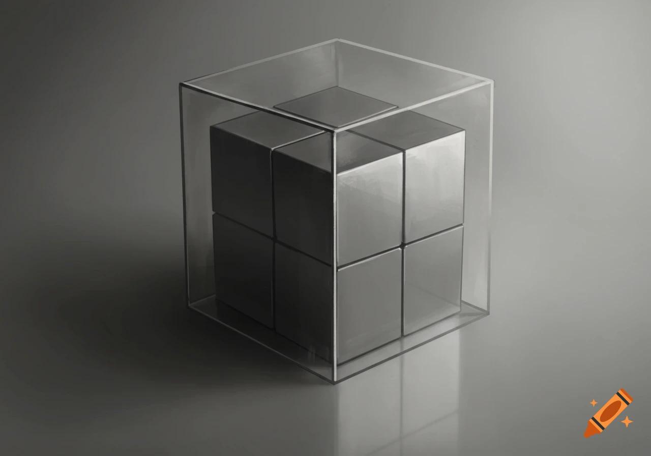 A cube is contained within a clear rectangular prism on a gray background.