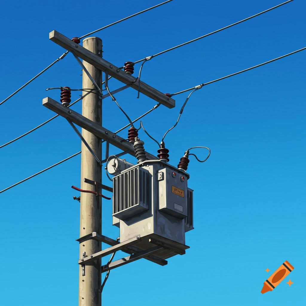 Power pole with transformer against a clear blue sky