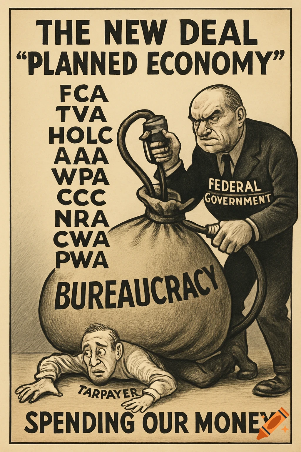 Political cartoon shows "Federal Government" inflating "Bureaucracy" crushing "Taxpayer". Text: "The New Deal Planned Economy".