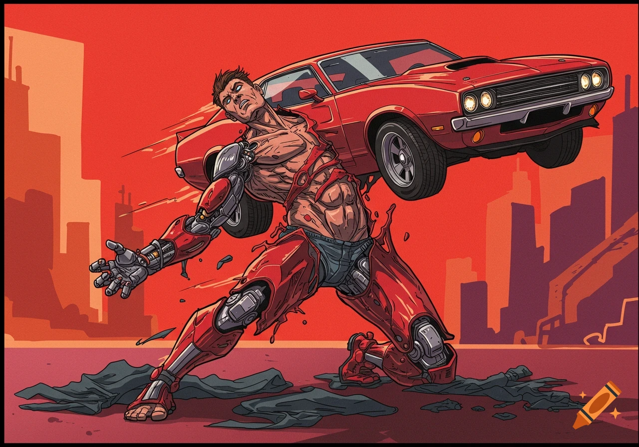 Comic art of a man painfully transforming into a red muscle car with ripped clothes on the ground.