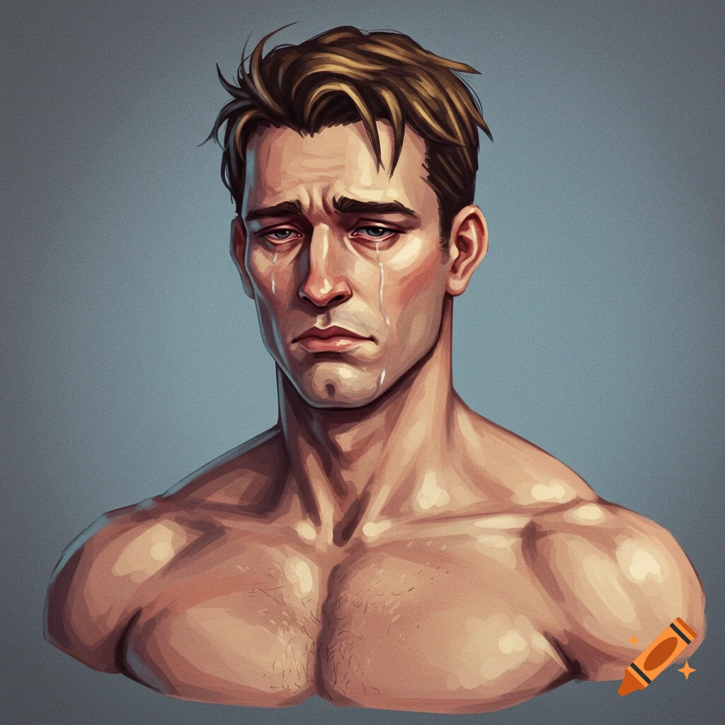 Illustration of a muscular man crying