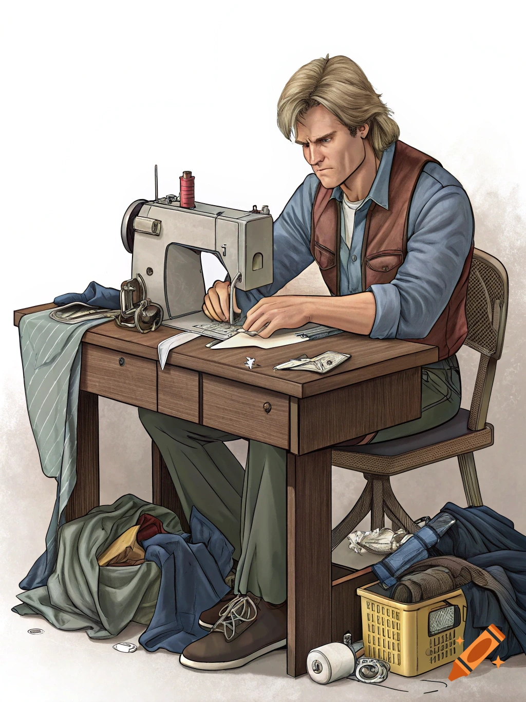 Illustration of a man with blond hair sewing fabric at a sewing machine on a wooden desk.