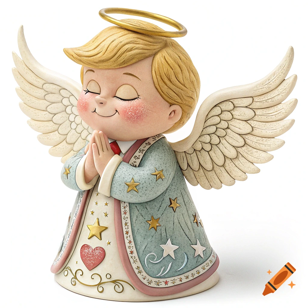 Cute blonde angel figurine with halo, praying hands, white wings, and a star-decorated robe.