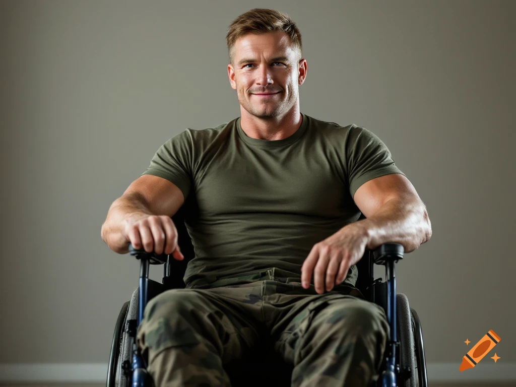 A man in a military green t-shirt and camouflage pants sits in a wheelchair, looking forward with a slight smile.