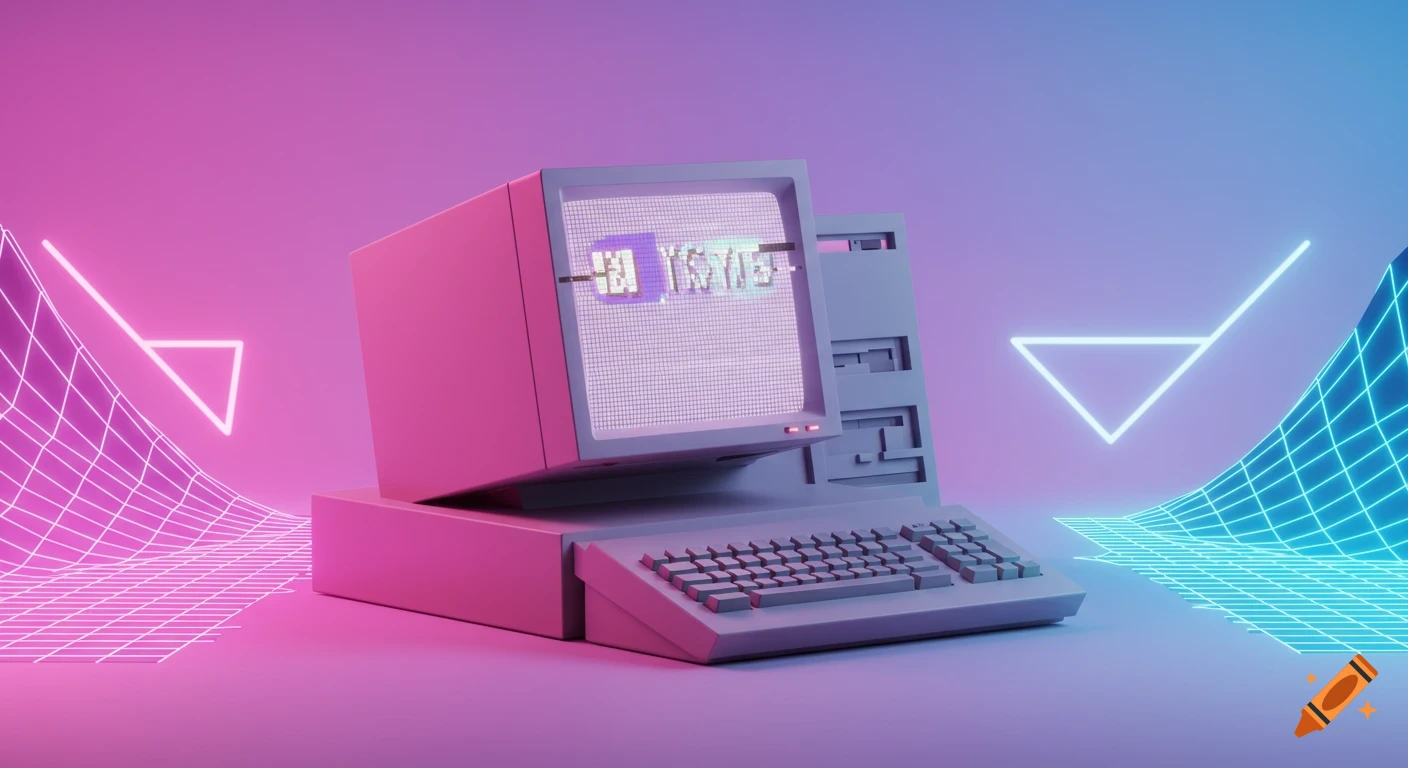 A 3D rendered retro computer in an 80s vaporwave scene with glowing grids and neon symbols.
