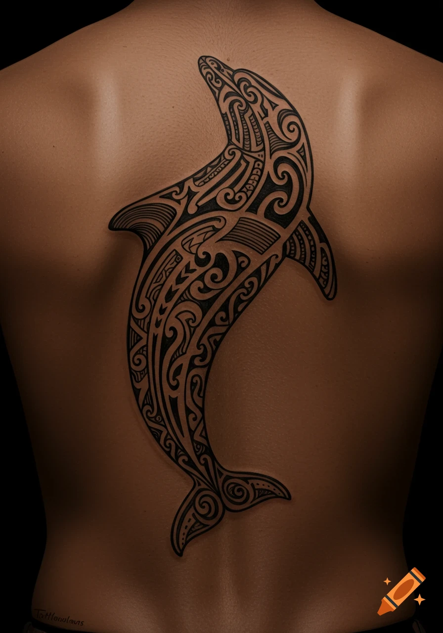 Māori style dolphin tattoo on a person's back.
