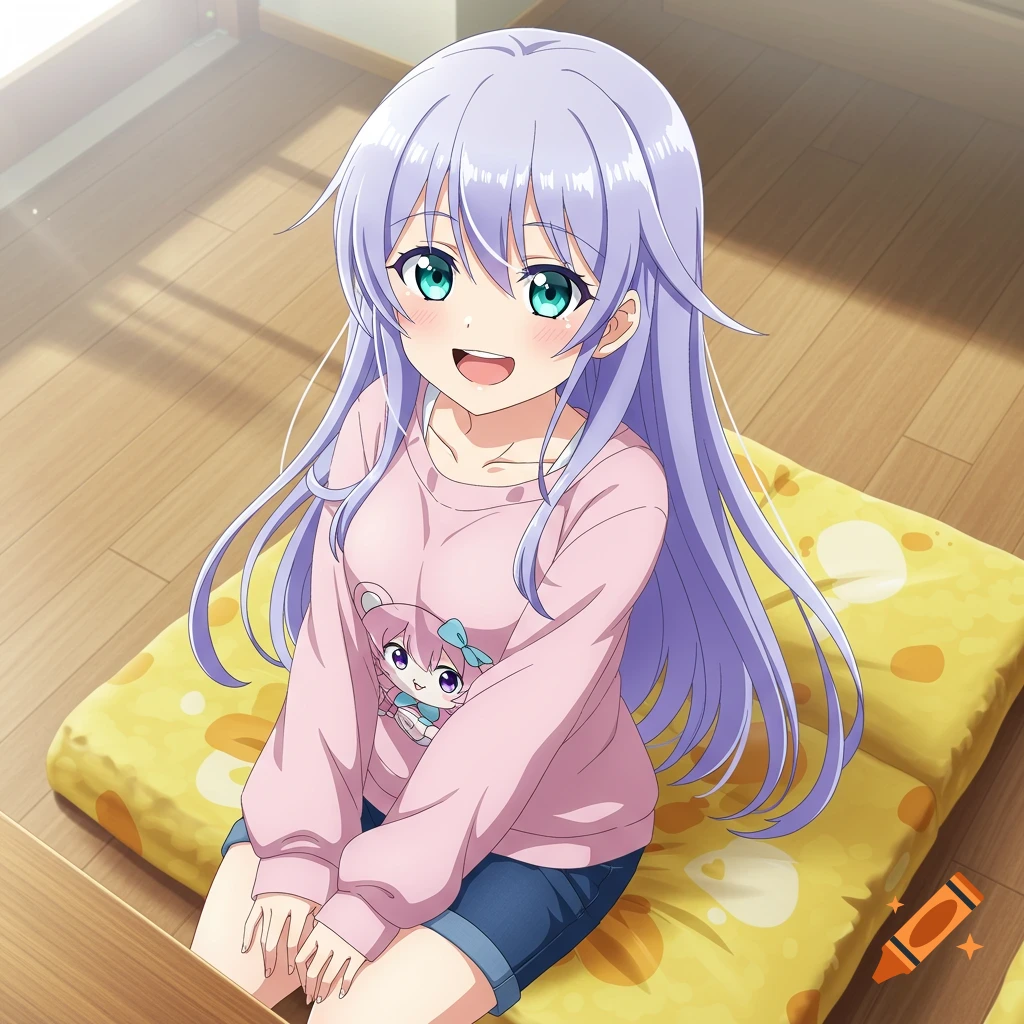Anime girl with long purple hair and green eyes, wearing a pink sweater ...