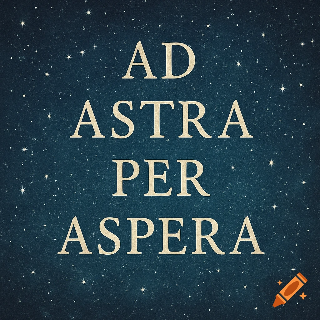 Text 'AD ASTRA PER ASPERA' on a dark blue starry background