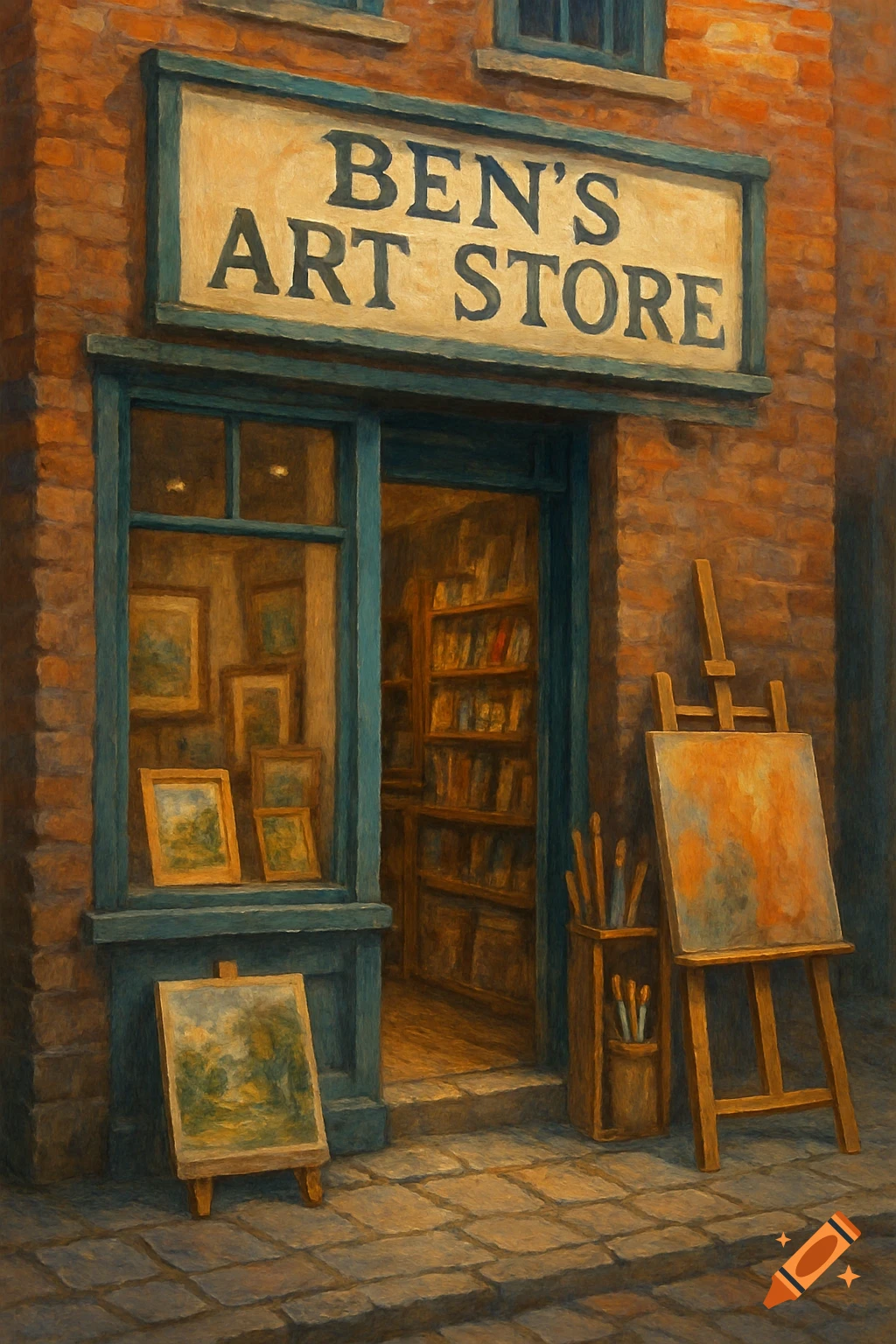 A painterly depiction of the facade of Ben's Art Store, with paintings in the window and an easel outside.