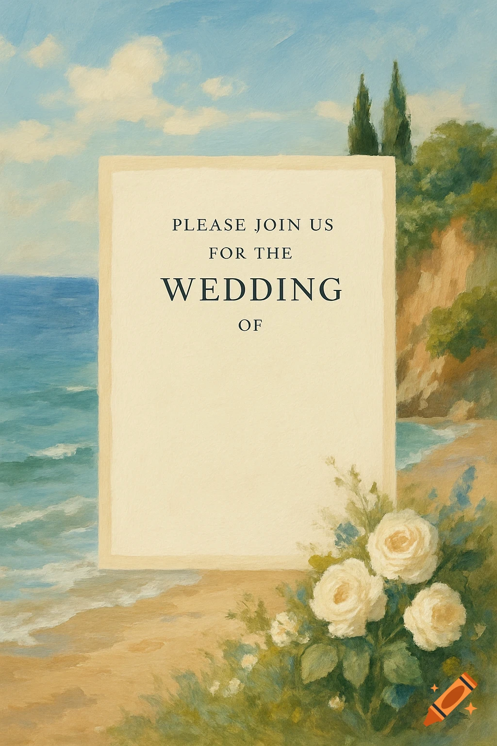 Painted coastal wedding invitation mockup with beach scene, flowers, and text.