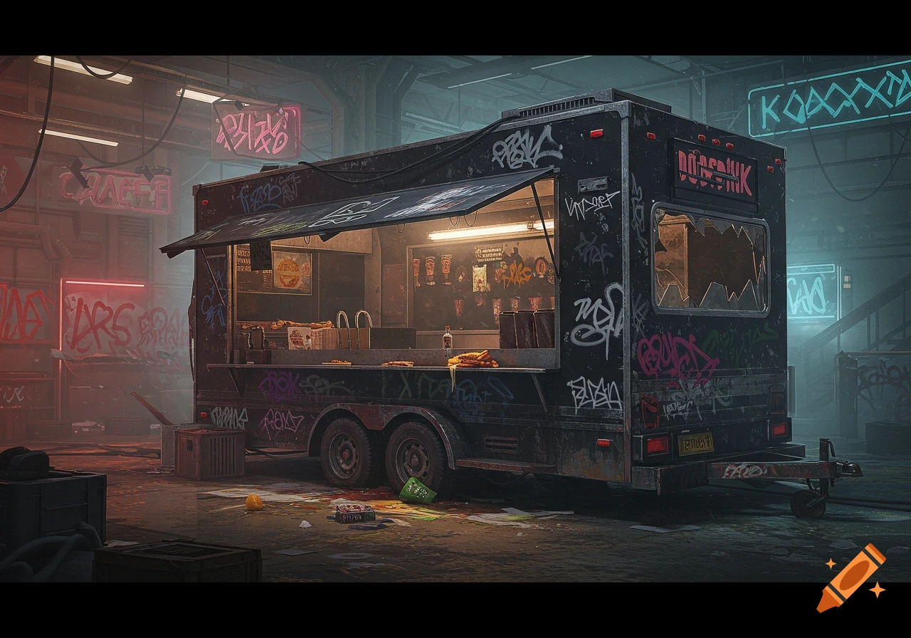 A destroyed black food truck covered in graffiti is parked in a dark, dirty urban alley with neon signs.