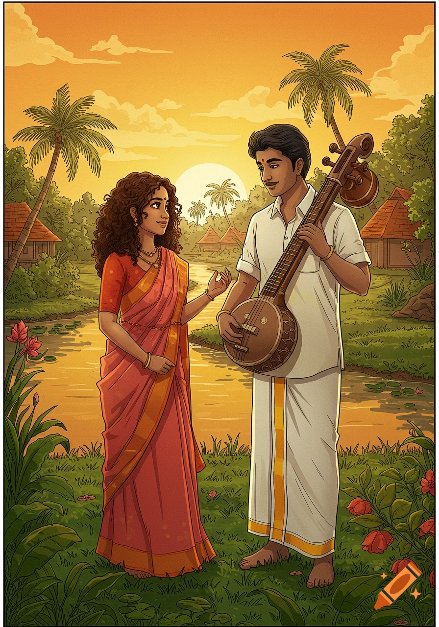 Illustration of two musicians by a river at sunset in Kerala, India.